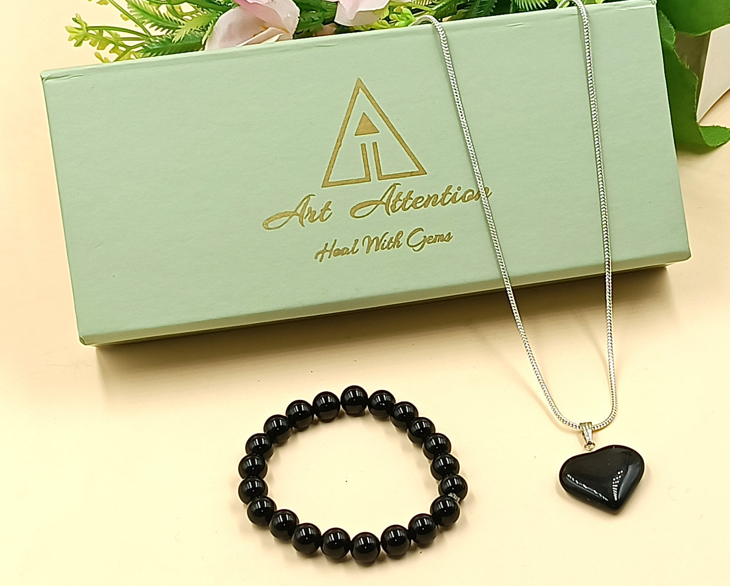 Black Tourmaline Heart Pendant and Bracelet