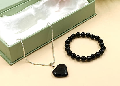 Black Tourmaline Heart Pendant and Bracelet