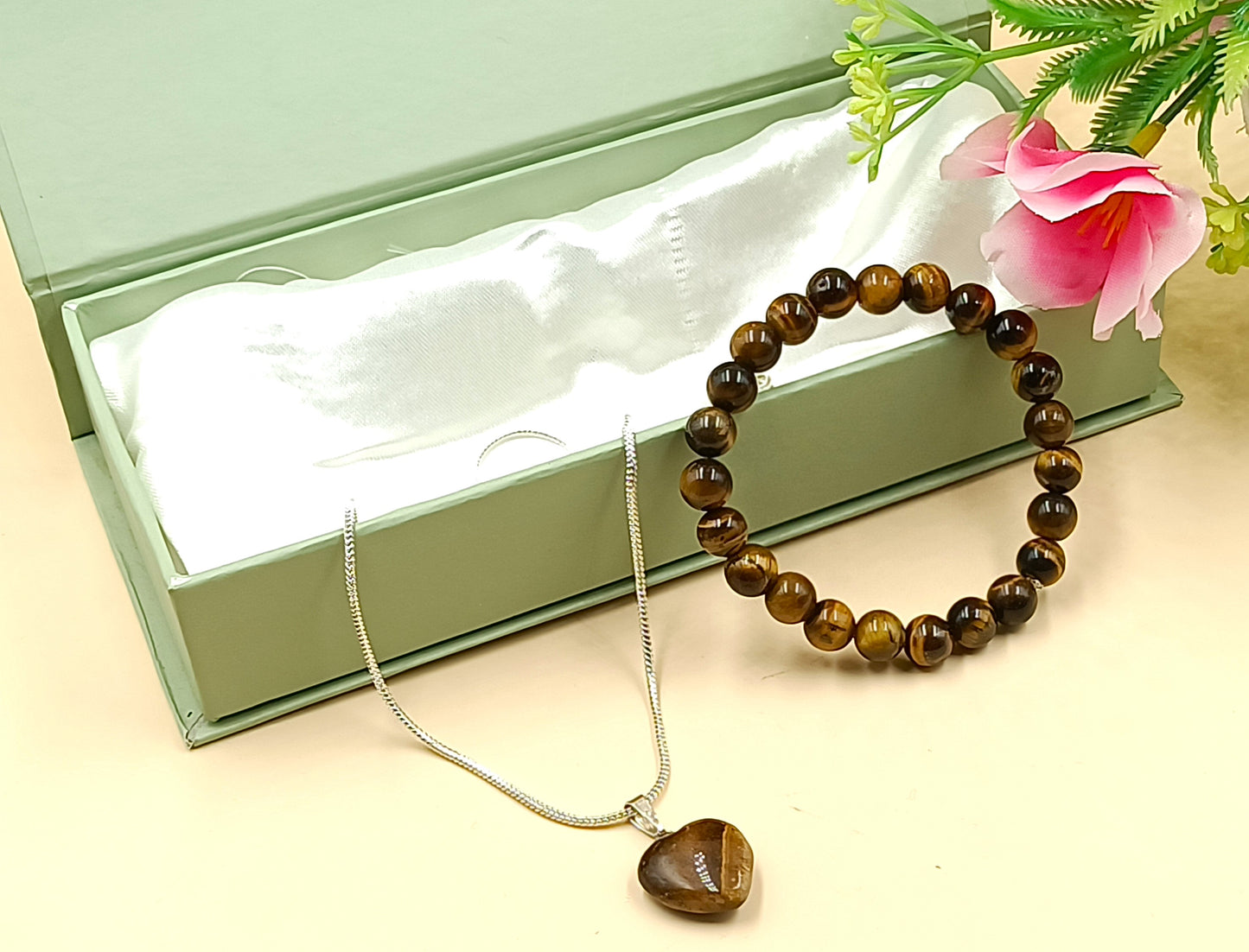 Tiger Eye Heart Pendant and Bracelet